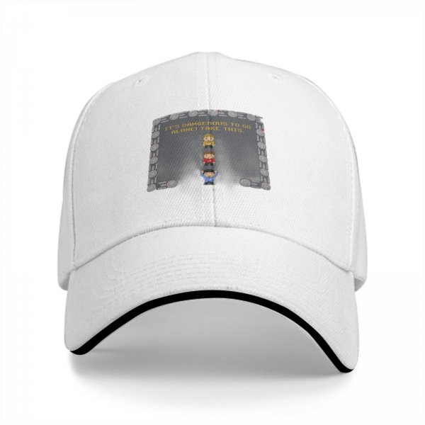 Black baseball cap with Zelda 'It's dangerous to go alone' pixel art design