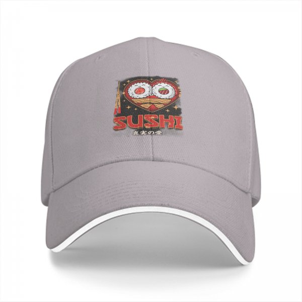 Black baseball cap with sushi heart graphic and text