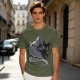 Olive Green T-Shirt With Black Cat Peeking From Knight Helmet Art