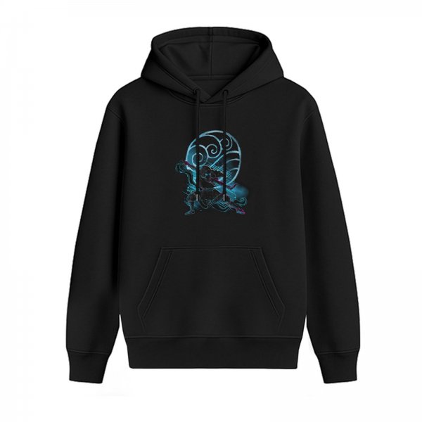 Black hoodie with glowing blue anime-style graphic print