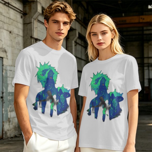 Olive Green Anime Graphic T-Shirt with Spiky Character Art