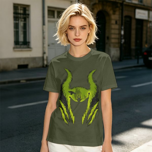 Olive Green T-Shirt With Monster Horned Claw Graphic Print