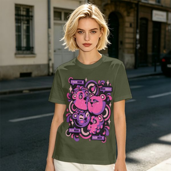 Olive T-shirt with playful bear-fruit graphic print