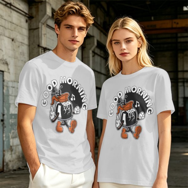 Olive t-shirt with retro coffee pot cartoon and Good Morning text