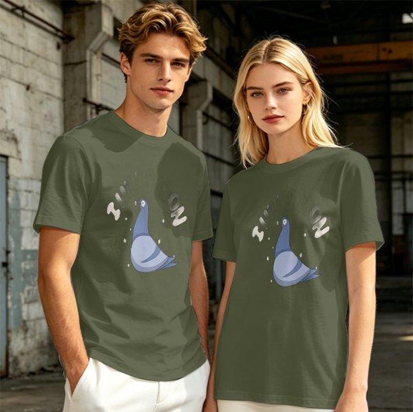 Olive green graphic t-shirt with cartoon pigeon print