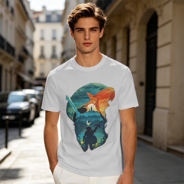 Olive green t-shirt with fantasy warrior silhouette graphic