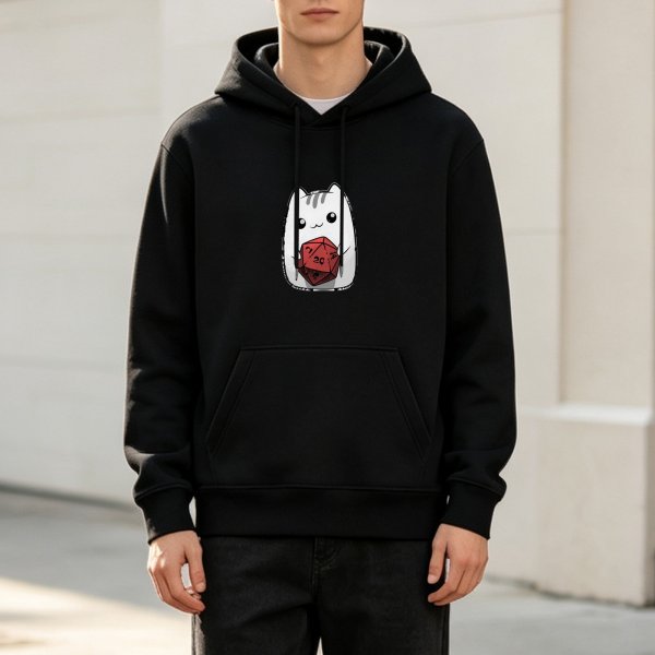 Black Hoodie With Cute Cat Holding D20 Dice Print