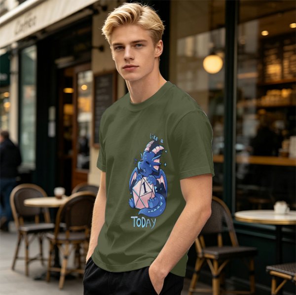 Olive T-Shirt With Sad Dragon Holding D20 Natural 1 'Like A Today' Print