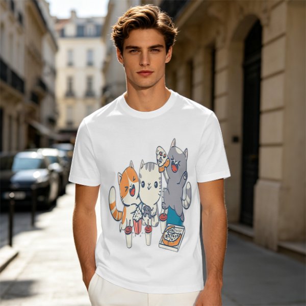 Olive T-Shirt With Cute Cats Enjoying Pizza And Snacks Print