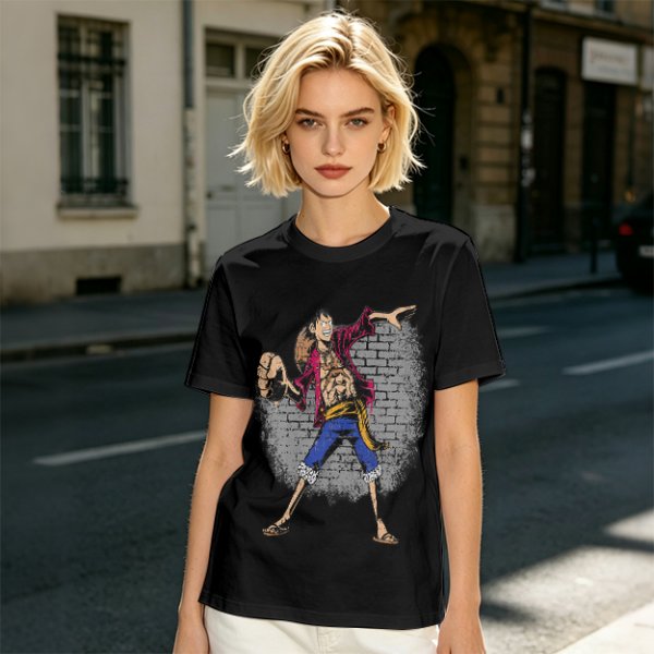Olive T-Shirt with Monkey D Luffy Breaking Through Brick Wall Art