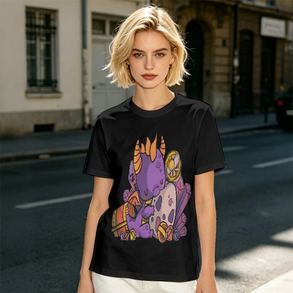 Olive T-Shirt with Cute Sleeping Purple Dragon and Treasure Artwork