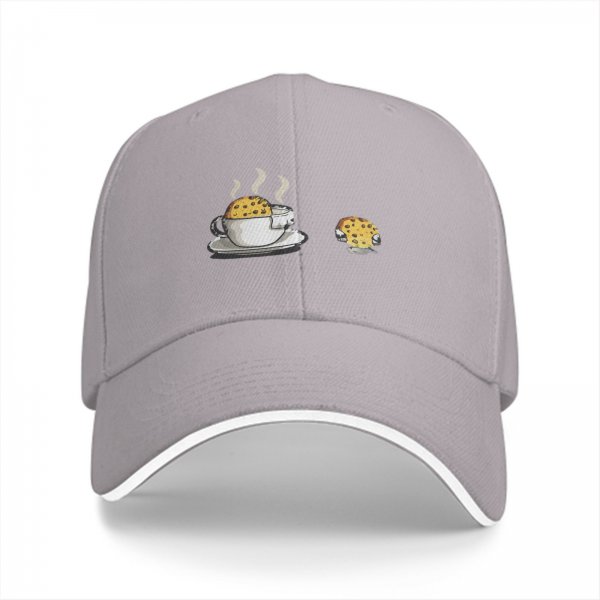 Black Baseball Cap with Coffee and Cookie Graphic Design