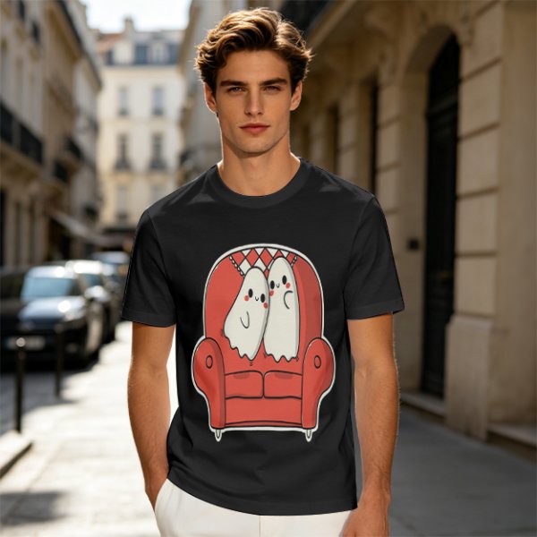 Olive T-Shirt with Cute Ghosts on Red Armchair Graphic