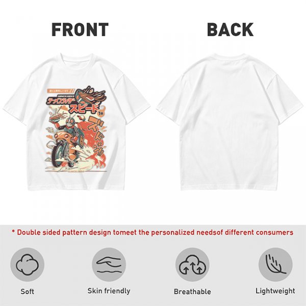 Olive green graphic tee with retro masked rider ramen motorcycle art