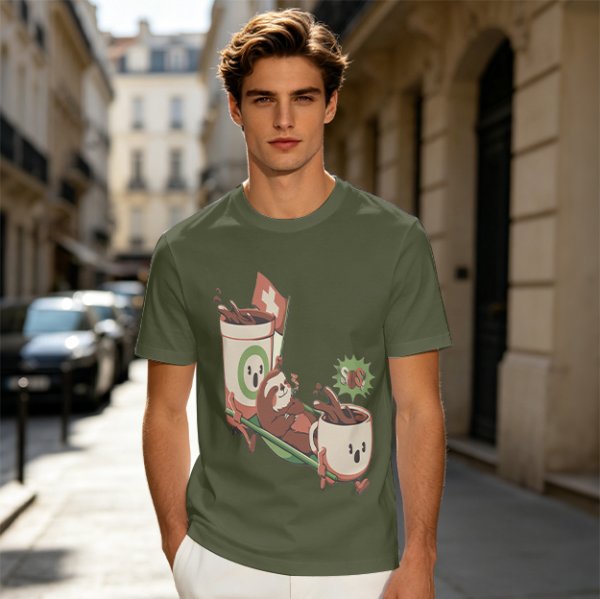 Olive green graphic tee with a sloth relaxing between anthropomorphic coffee mugs