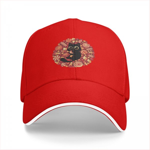 Black Baseball Cap with Cute Black Cat and Candy Print