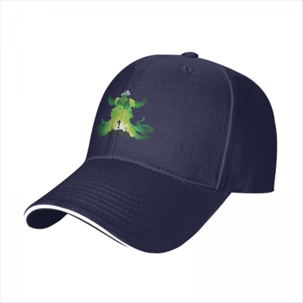 Black baseball cap with green ghostly villain silhouette graphic