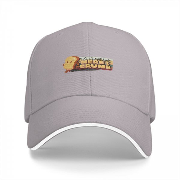 Black baseball cap with 'Here I Crumb' bread graphic print