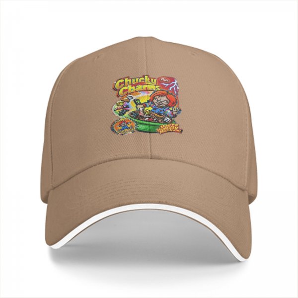 Black baseball cap with Chucky Charms horror cereal graphic