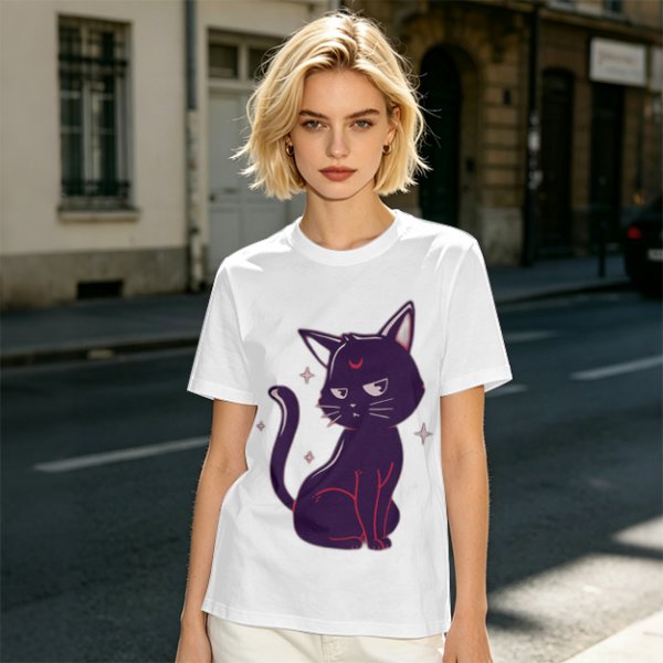 Olive T-Shirt with Sassy Black Cat and Crescent Moon Graphic
