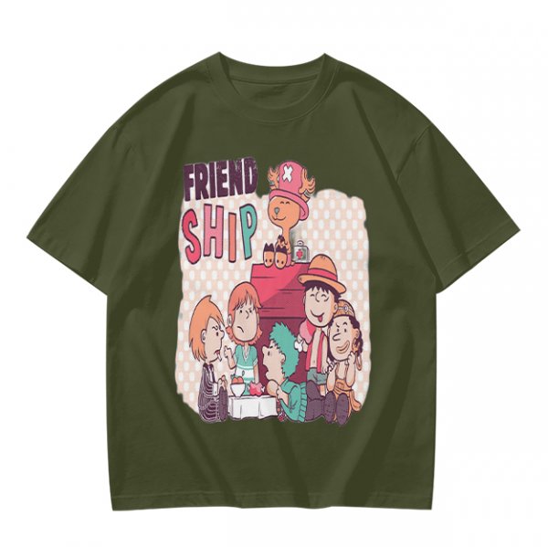 Olive T-Shirt with Friendship Themed Cartoon Crew Print