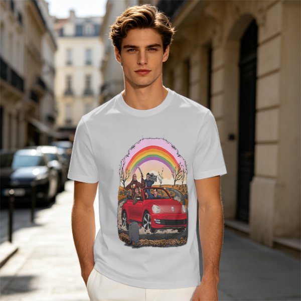 Olive T-Shirt With Red Convertible Car, Rainbow And People Graphic