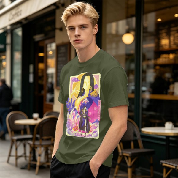 Oriental anime character graphic olive green casual t-shirt