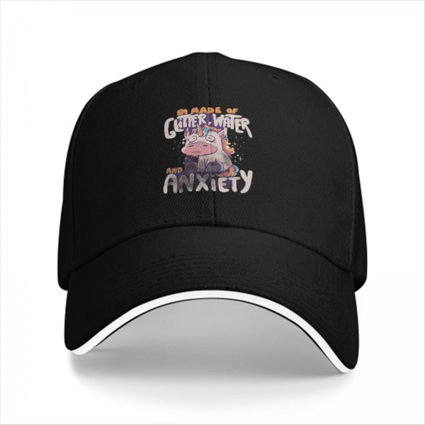 Black baseball cap with glitter water and anxiety unicorn print