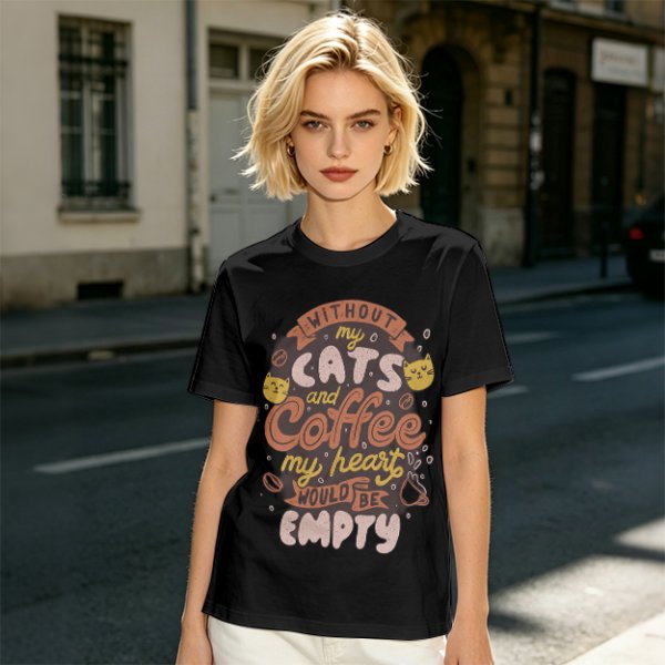 Olive graphic t-shirt with cats and coffee heart quote