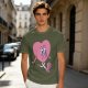 Oversized Olive T-Shirt with Retro Walking Pink Heart Cartoon Graphic