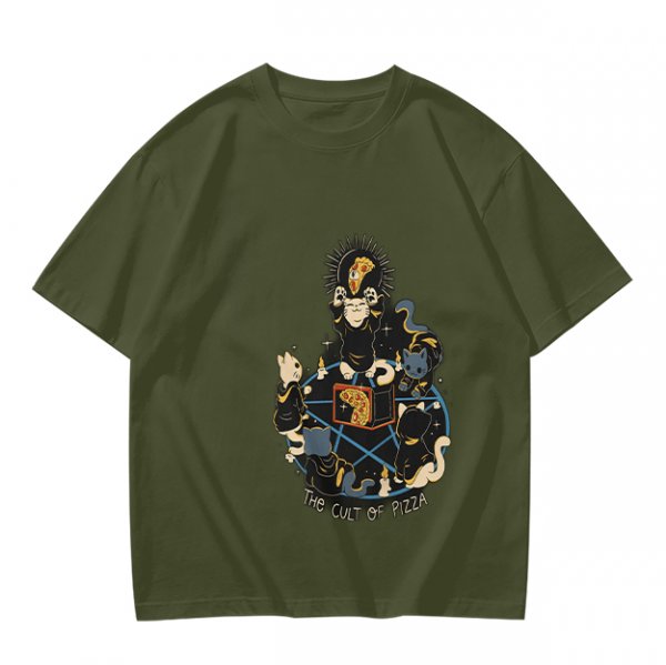 Olive Graphic T-Shirt With The Cult Of Pizza Cat Occult Artwork
