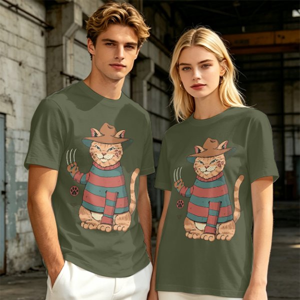 Olive T-Shirt With Freddy Krueger Themed Cat Graphic