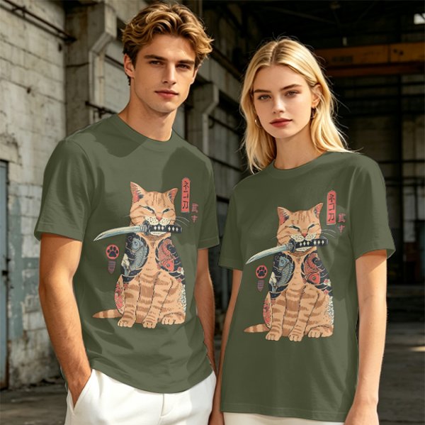 Olive T-Shirt With Samurai Cat Holding Katana And Koi Tattoos