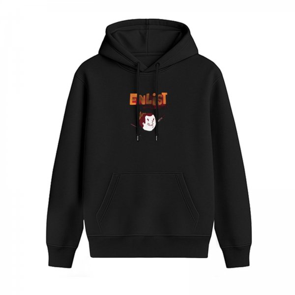 Black hoodie with 'ENLIST' text and cartoon character graphic