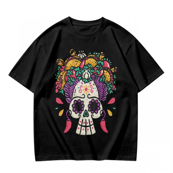 Olive T-Shirt with Day of the Dead Sugar Skull and Taco Food Art