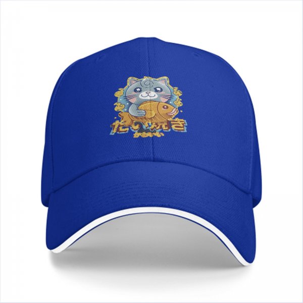 Black Baseball Cap With Cute Cat Holding Taiyaki Japanese Art