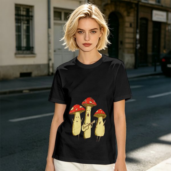Olive T-Shirt with Singing Mushroom Band Graphic