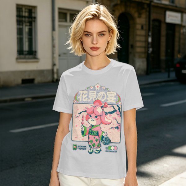 Olive green t-shirt with cherry blossom festival dog character print