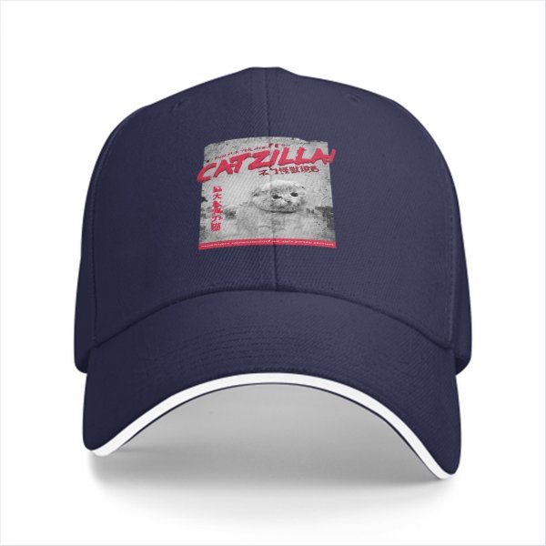 Black baseball cap with Catzilla monster cat graphic print
