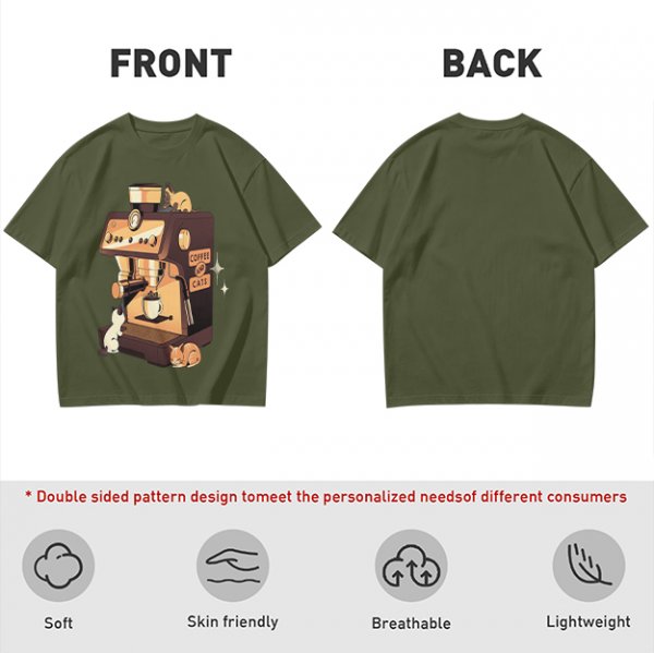 Olive t-shirt with espresso machine and cats graphic