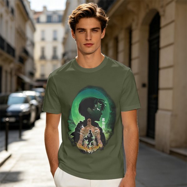 Attack on Titan layered silhouette graphic olive t-shirt