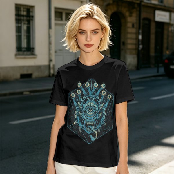 Olive T-Shirt With Blue Beholder Monster Graphic Print