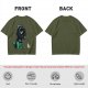 Olive T-shirt with cartoon dinosaur in Darth Vader helmet and chicken print
