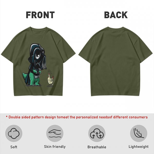 Olive T-shirt with cartoon dinosaur in Darth Vader helmet and chicken print