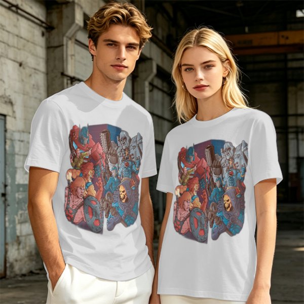 Olive T-shirt with 80s cartoon character crossover graphic