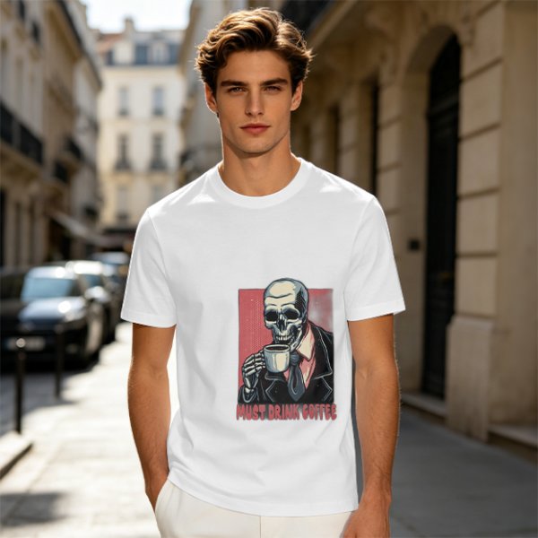 Olive T-shirt with Skeleton Drinking Coffee Must Drink Coffee Print