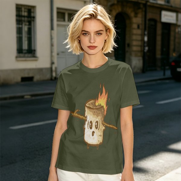 Olive T-Shirt With Surprised Burning Marshmallow Graphic