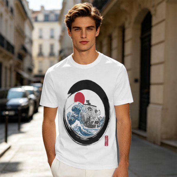 Olive T-shirt with Great Wave Enso Circle and Red Sun Print