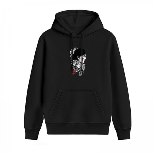 Black hoodie with Japanese inspired woman and floral graphic print