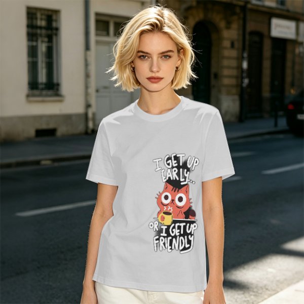 Olive t-shirt with funny cat coffee early morning quote